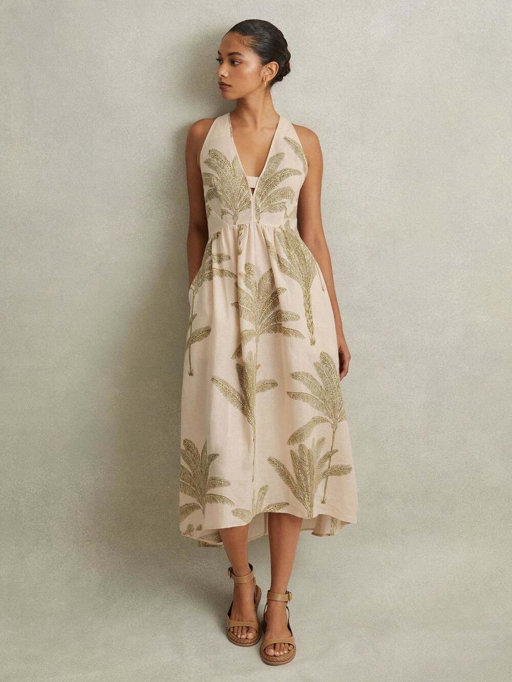 Reiss Anna Foliage Print Linen Beige Green Midi Dress New US 12